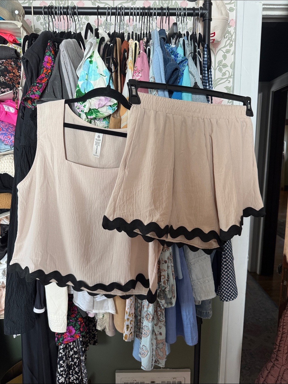 Taupe Two-Piece Set with Black Scalloped Trim - Size L